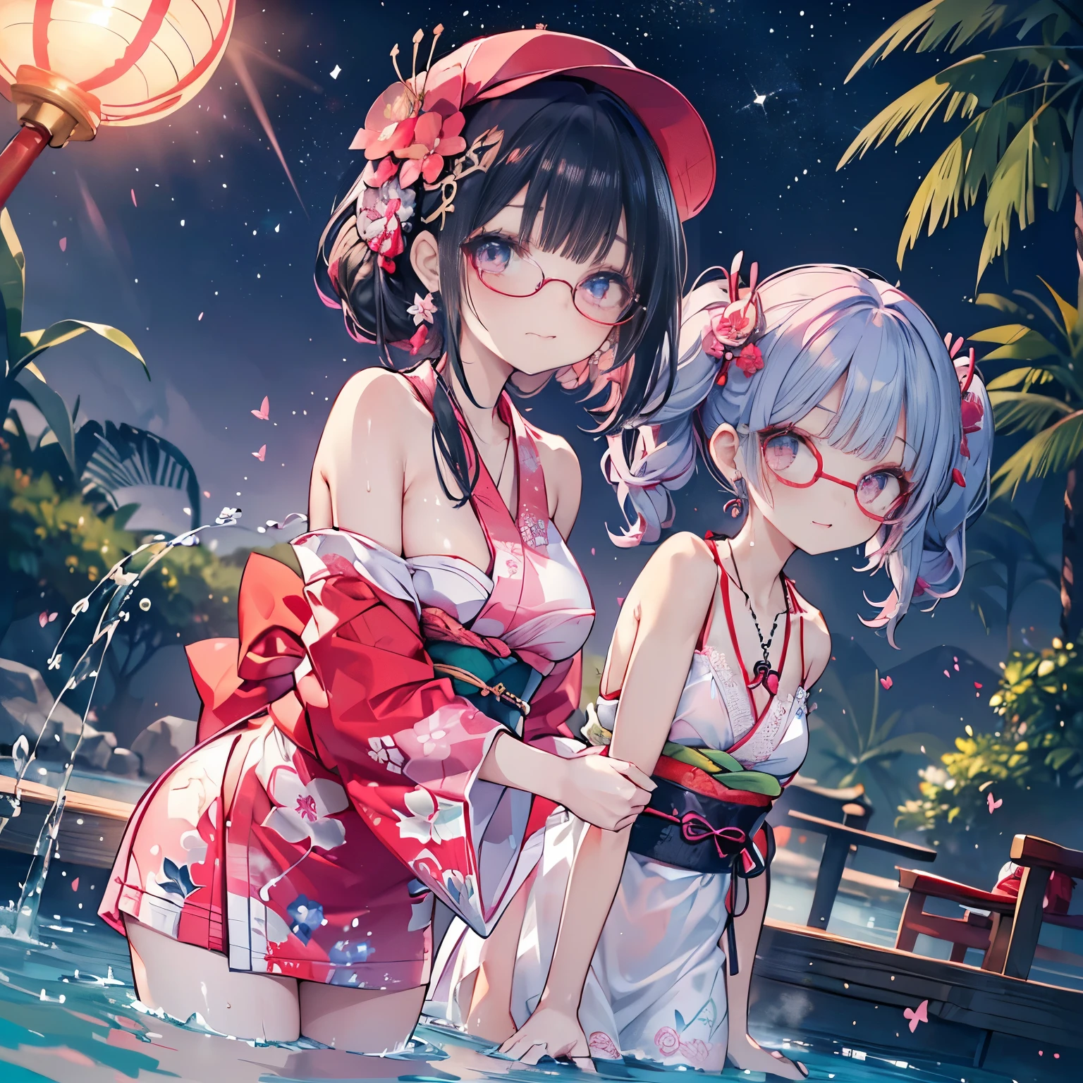 (elegant red pink baseball cap),
(wearing elegant pink frame glasses),
high angle,from above,cleavage,(beautiful pink and green butterflies and dragonflies all over the place),colorful flowers,fantasy beams and lights,
((masterpiece:1.4, best quality)), ((masterpiece, best quality)),((beautiful twin tail black hair,blunt bangs,beautiful cobalt blue eyes,little cute   girl)),((sexy colorful japanese yukata mini dress)),full body, bathing in the water,(beautiful outside open spa),(water splash,lovely laugh), (Lace chalker, wristband, diamond necklace,earrings),cinematic lighting and pause,beautiful natural mysterious park,night sky,full moon,(beautiful pink and red butterflies and dragonflies all over the place),