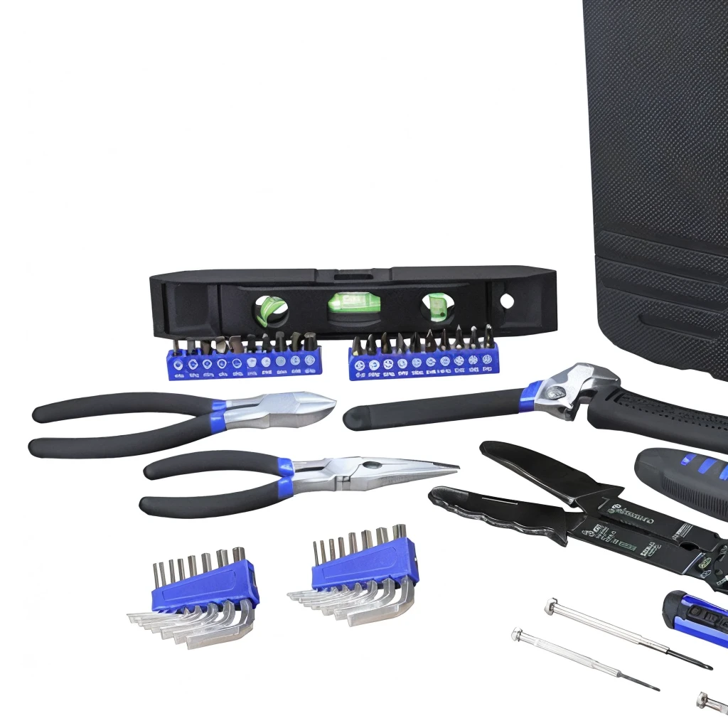 a close up of a tool 成套tool with a case and tools, tools, 成套tool, detailed product photo, Packaging snapshot, product photo, tool, 1 6 x 1 6, Powerful details, high tech, Detailed product images, professional, screwdriver, wall, high tech, high tech, design, Thumbnail, Surrealism, wrench, White background，Ultra-HD Rendering，