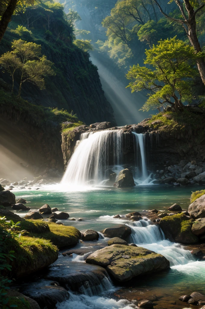 Rios e cachoeira, waystone, ultra detailed fantasy, elden ring, realistic, dnd, rpg, lotr game design fanart by concept art, behance hd, artstation, deviantart, global illumination radiating a glowing aura global illumination ray tracing hdr render in unreal engine 5