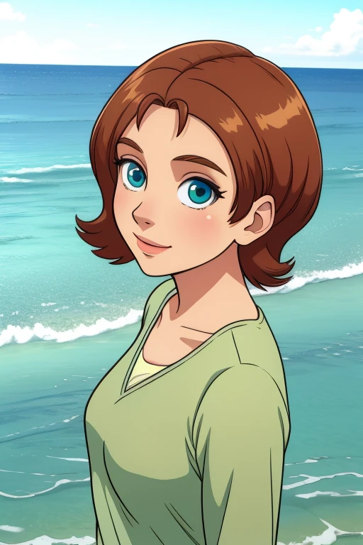 Irma, brown hair,solo,blue eyes,short hair,green eyes, standing, upper body,   casual clothes,  near sea,  happy, 
(insanely detailed, beautiful detailed face, masterpiece, best quality) cinematic lighting,
 