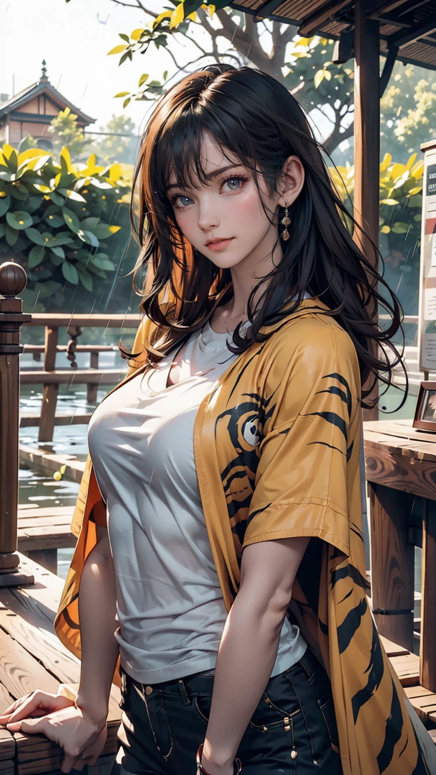 Rain Zoo、24-year-old woman、Wear a green poncho、In front of the tiger enclosure、See the tiger、The tiger also sees the viewer