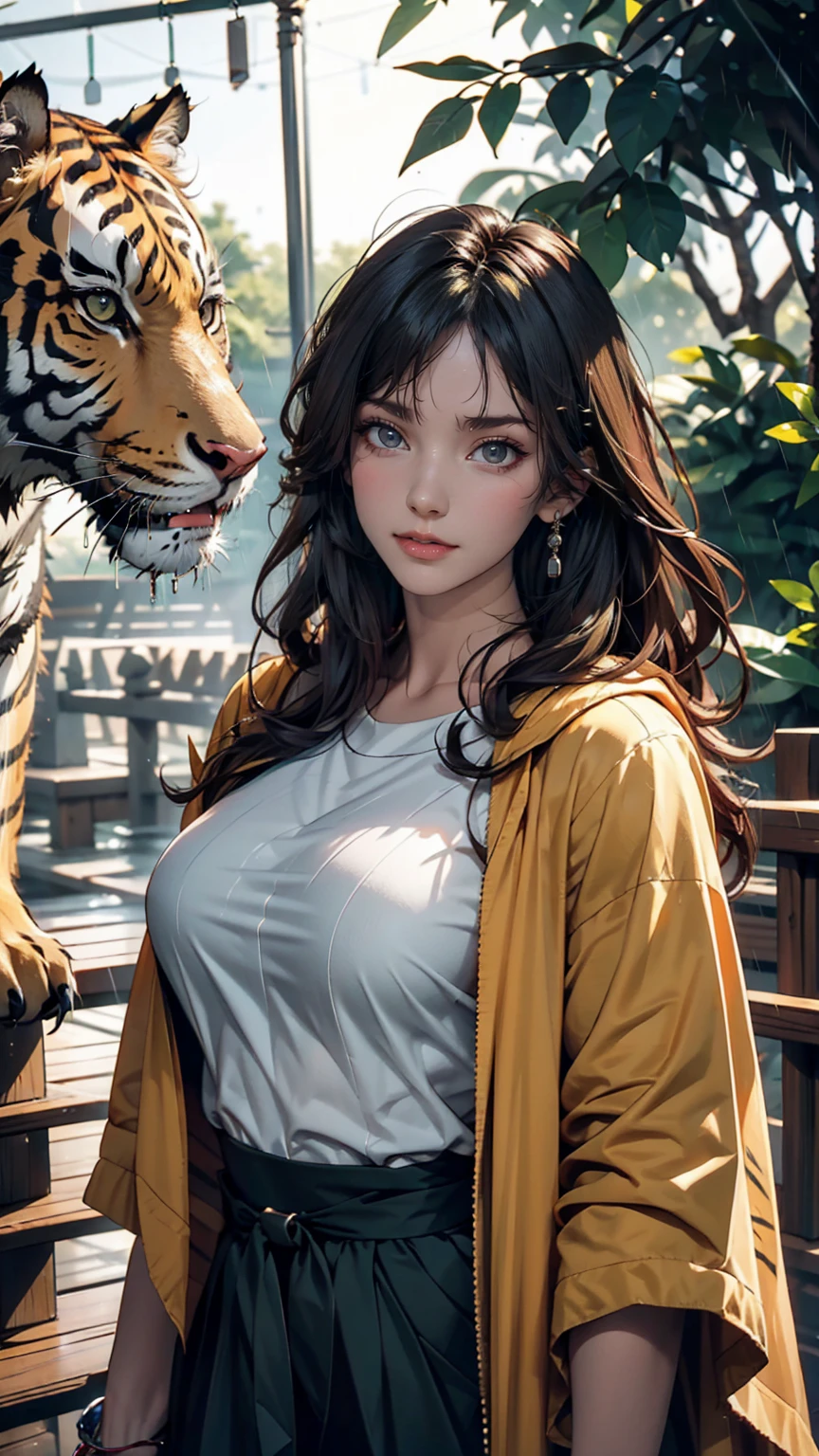 Rain Zoo、24-year-old woman、Wear a green poncho、In front of the tiger enclosure、See the tiger、The tiger also sees the viewer