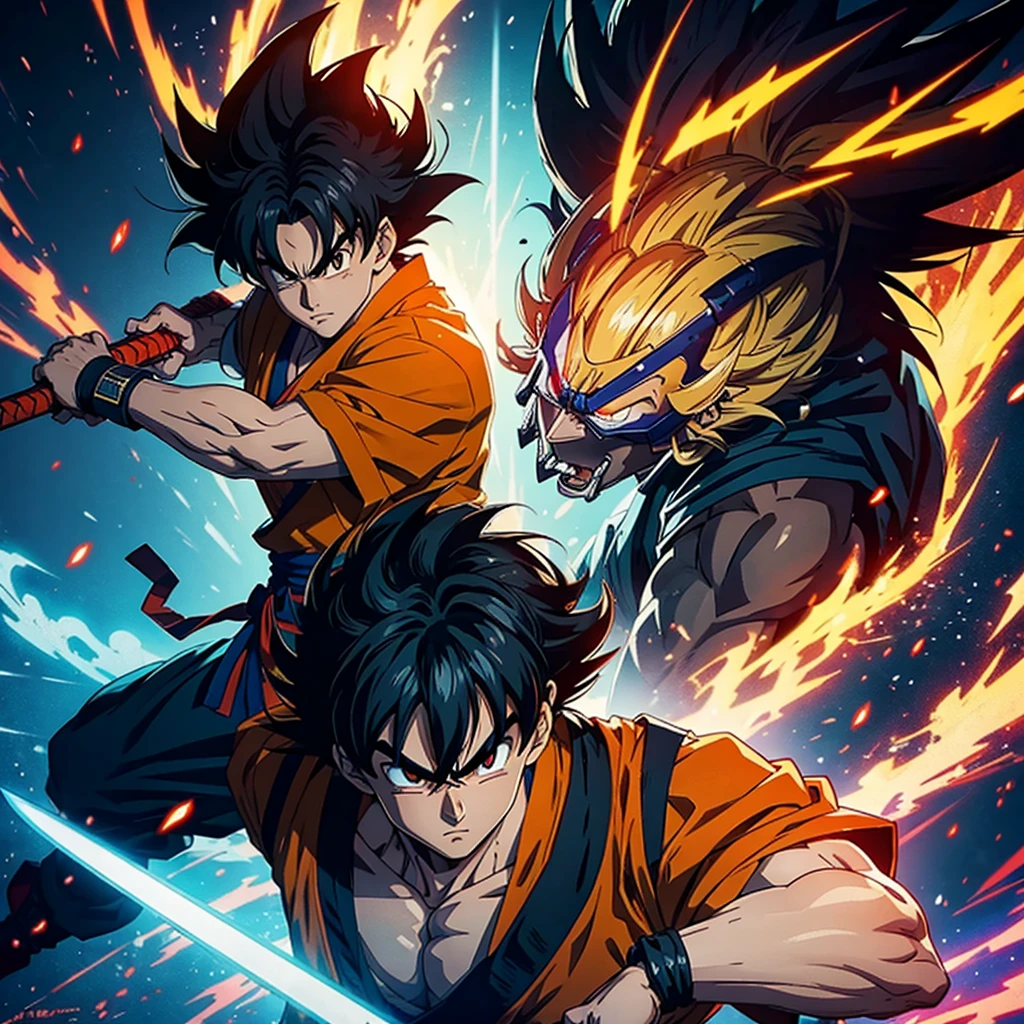 A samurai goku from the anime dragomball in a cyberpunk movie with a large japanese sword