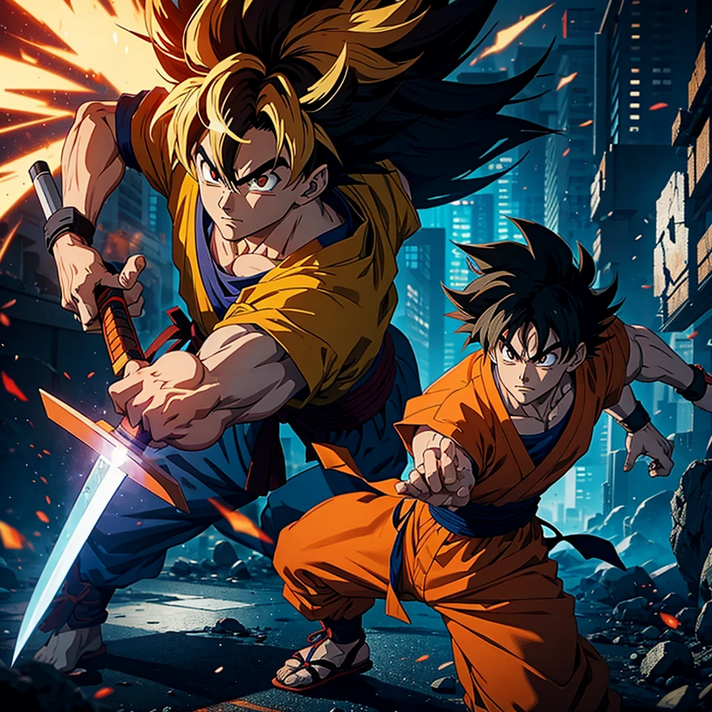 A samurai goku from the anime dragomball in a cyberpunk movie with a large japanese sword