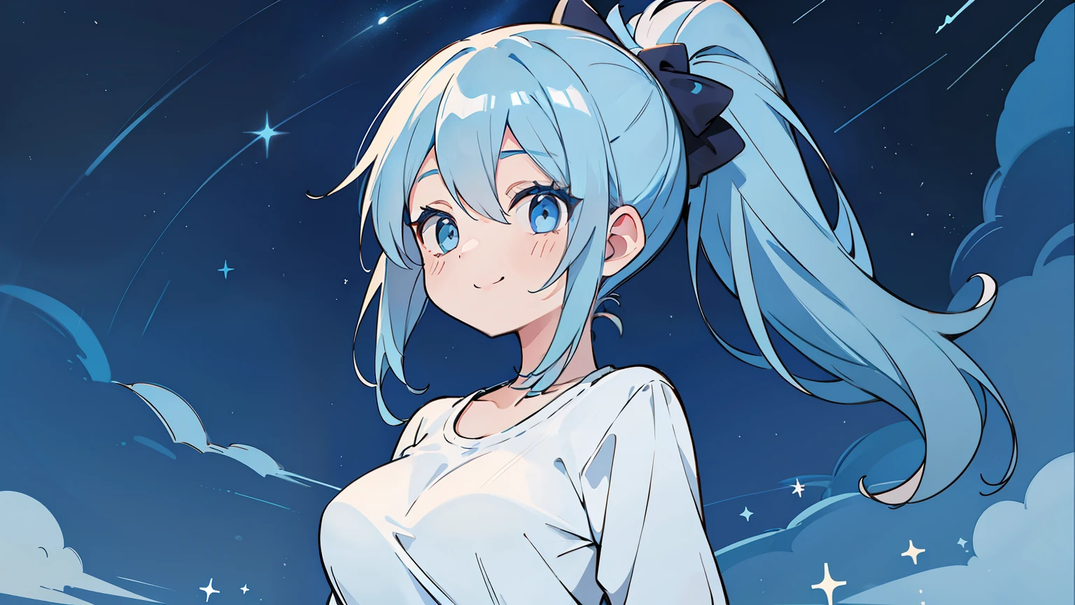 masterpiece, beautiful detailed, (casual wear), blue theme, baby blue Eyes, baby blue hair, ponytail, 1girl, big smile, medium breasts, hair intakes, night sky, Meteors, (from right), (((bold outline))), limited palette