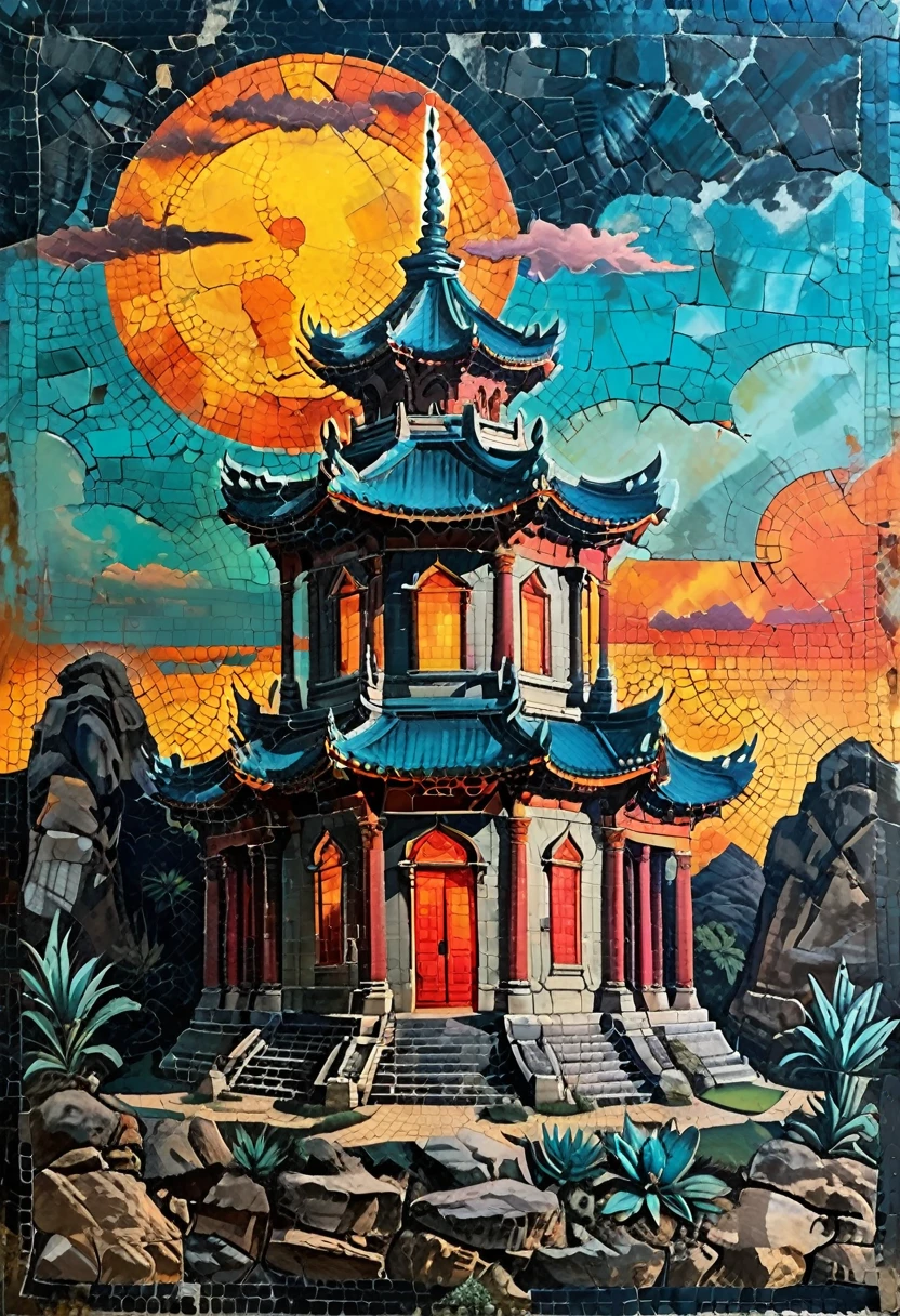 A pop art painting depicting a translucent Andy Warhol-style temple. The temple is brightly lit from the inside with a bright flame, shiny clouds hang over the temple.Shining bioluminescent plants are scattered around the base of the temple between ancient angular rock formations
