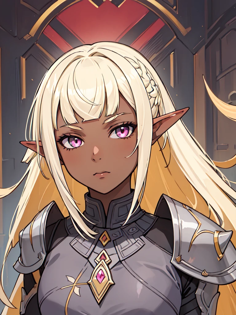 masterpiece, best quality, portrait, 1girl, dark skin, dark-skinned_female, dark_skin, blonde_hair, yellow hair, short hair, pink eyes, full armor, elf ear,  Straight hair, ((Straight bangs:1.5)),