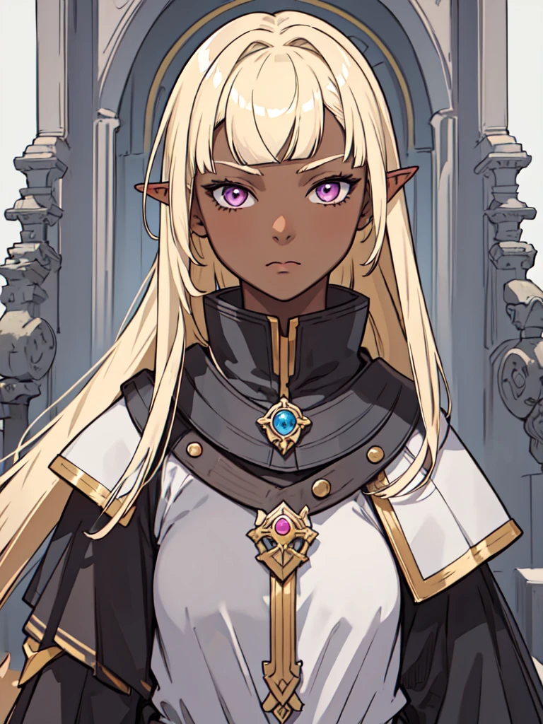 masterpiece, best quality, portrait, 1girl, dark skin, dark-skinned_female, dark_skin, blonde_hair, yellow hair, short hair, pink eyes, full armor, elf ear,  Straight hair, ((Straight bangs:1.5)),