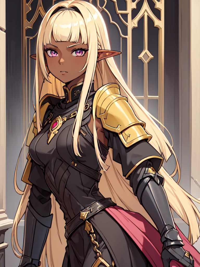 masterpiece, best quality, portrait, 1girl, dark skin, dark-skinned_female, dark_skin, blonde_hair, yellow hair, short hair, pink eyes, full armor, elf ear,  Straight hair, ((Straight bangs:1.5)),