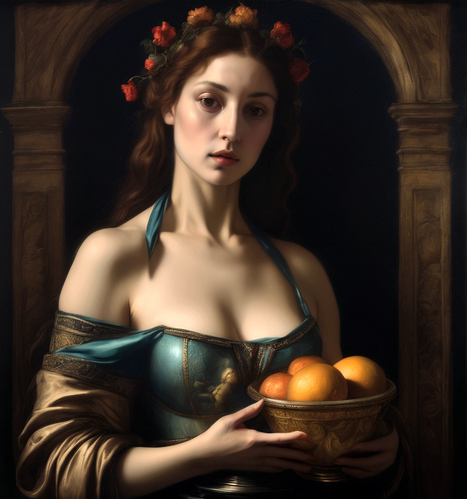 naked woman , exhibitionism, masterpiece, 16th century painting, baroque style, Renaissance painting, lights and colors in the style of Rembrandt, dark backgrounds, old painting effect, all the details