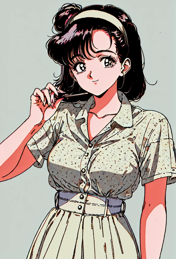 An anime girl, 80s style, taking a break from work
