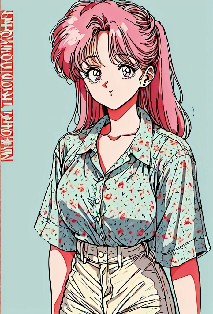 An anime girl, 80s style, taking a break from work
