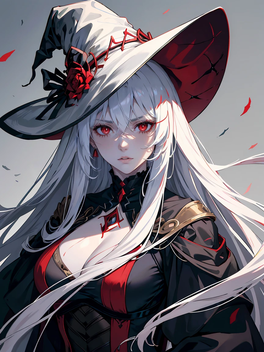 handsome woman，red-eyes，red pupils，Long white hair, grey skin, looks ill, Hyperresolution，accuracy，Detailed rendering，（Subtle facial image）（Image of fine hair）（topquality）（Masterpieces of masters）（High degree of completeness）（A sense of atmosphere）tmasterpiece，Super detailed and super detailed（half-body portrait), large witch hat, ankle length white straight hair, fierce look in her eyes,
