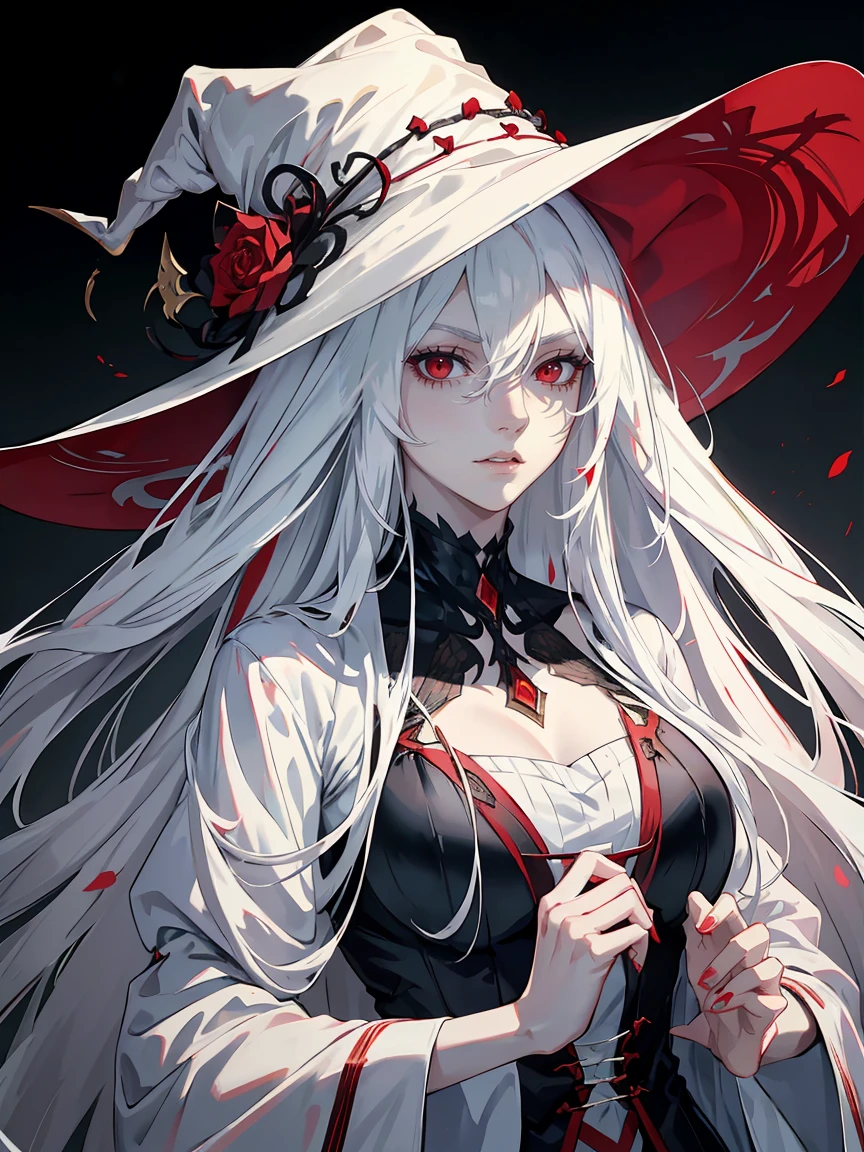 handsome woman，red-eyes，red pupils，Long white hair, grey skin, looks ill, Hyperresolution，accuracy，Detailed rendering，（Subtle facial image）（Image of fine hair）（topquality）（Masterpieces of masters）（High degree of completeness）（A sense of atmosphere）tmasterpiece，Super detailed and super detailed（half-body portrait), large witch hat, ankle length white straight hair, fierce look in her eyes,