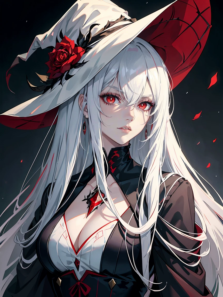 handsome woman，red-eyes，red pupils，Long white hair, grey skin, looks ill, Hyperresolution，accuracy，Detailed rendering，（Subtle facial image）（Image of fine hair）（topquality）（Masterpieces of masters）（High degree of completeness）（A sense of atmosphere）tmasterpiece，Super detailed and super detailed（half-body portrait), large witch hat, ankle length white straight hair, fierce look in her eyes,