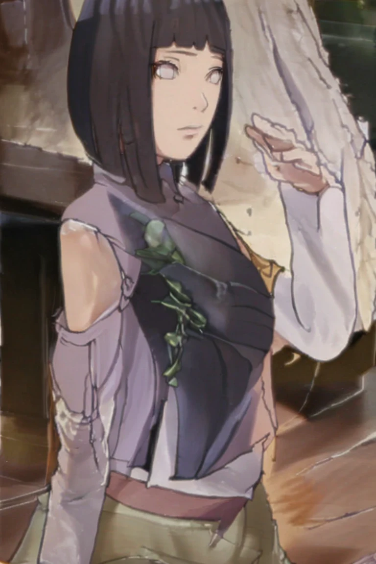 { - anatomy error} (Masterpiece - Ultra-detailed, very high resolution) (huge titusty, masterpiece, absurdres, hinata\(boruto\), 1girl, solo,mature female, lilac turtleneck blouse, black pant, looking at viewelling petals), perfect composition, detailed lips, big breast, beautiful face, body propotion, blush, (pink lips), short hair, (black hair), purple eyes, soft gaze, super realistic, detailed, photoshoot, realistic face and body, closed mouth , lilac eyes, full body, sitting on the floor , backwards, looking back, black boots, hidden hands, perfect fingers, inocent face