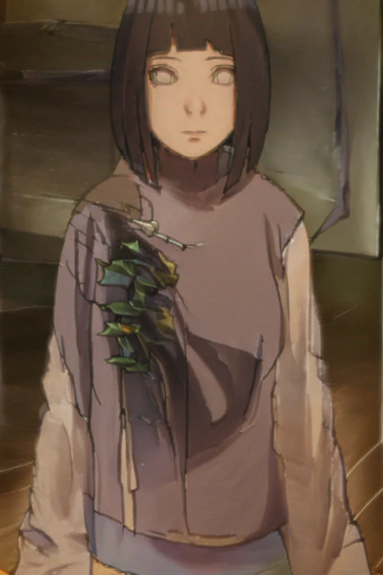{ - anatomy error} (Masterpiece - Ultra-detailed, very high resolution) (huge titusty, masterpiece, absurdres, hinata\(boruto\), 1girl, solo,mature female, lilac turtleneck blouse, black pant, looking at viewelling petals), perfect composition, detailed lips, big breast, beautiful face, body propotion, blush, (pink lips), short hair, (black hair), purple eyes, soft gaze, super realistic, detailed, photoshoot, realistic face and body, closed mouth , lilac eyes, full body, sitting on the floor , backwards, looking back, black boots, hidden hands, perfect fingers, inocent face
