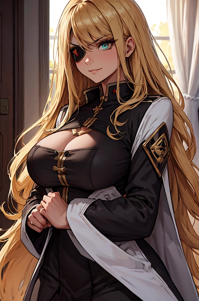 ((masterpiece)), ((best quality)), 1girl, adult, long hair, ((blonde hair)), very long blonde hair, ((intimidant look)), ((close-up)), profile image, green eyes, black and red clothes, sexy, dark colors, brillant eyes, ((coat with fur)), ((wavy hair)), exposed skin, ((sexy pose)), ((intimidant look)), good anatomy, ((dark sage clothes)), ((straight cut bangs)), emotionless, intimidant, ((beautiful eyes)), dark background, close up, ((detailed eyes)), beautiful eyes, ((detailed face)), hair bang, frontal look, evil, relaxed, smile, magical goddess othinus, detailed face, eyepatch, full body, ((detailed))