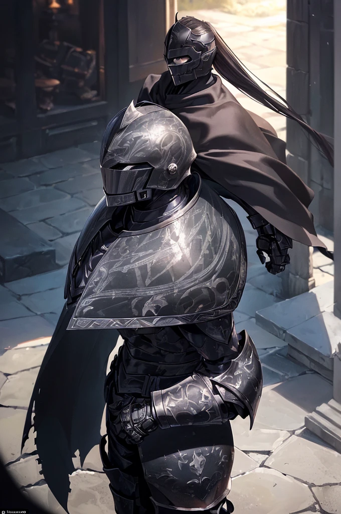 (masterpiece; best quality: 1.2), ((full armored knight man)), ((solo)), (black eyes: 1.4), (body; toned, lean, masculine: 1.3), (beautiful and clear background: 1.2), ((depth of field)), (equipment: full plate all-dark black-damascus realistic armor + closed helmet with ponytail + black cape: 1.3), (anime illustration: 1.2), (background composition; garden exterior + furniture: 1.1), (extremely fine and handsome: 1.1), (shot composition; standing + centered on torso + close-up: 1.5)