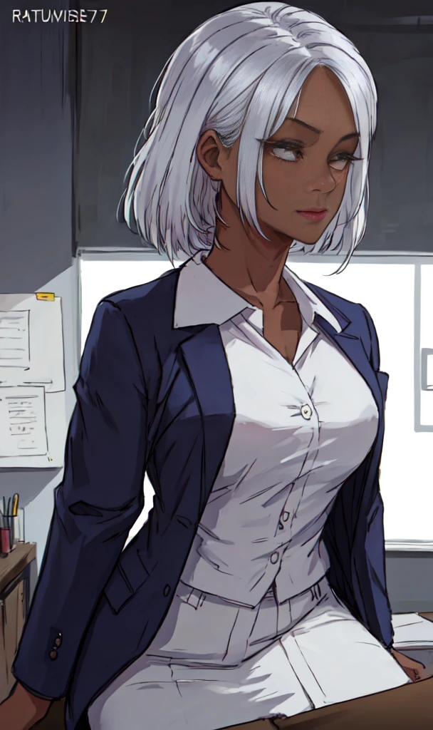 (best quality,highres,masterpiece:1.2), ultra-detailed, (realistic:1.37)
portrait, painting (by ratatatat74:1.25), 1girl, solo, (dark skin:1.31), silver hair, office suit, Strict Notes:
- tags are arranged in order from subject to detail,First, the topic description(portrait, painting),Then there are the attributes and details of the characters(1girl, solo, dark skin, silver hair, office suit, strict)。
- In each description,You can use brackets to increase or decrease the strength of keywords.,To meet the needs of creation。
- Used tags related to image quality and art style at the beginning,To ensure the generated images are of high quality and realistic。
- Focus on describing the characteristics and image of the characters(dark skin, silver hair, office suit, strict),To better guide the generator to draw details。
- No specific scene or background,In order to make the generated pictures more free and diverse。
- Finally, the tag portrait was used,Used to specify the screen type。
According to my opinion,You can try to generate some pictures,And adjust and optimize according to the generated results。If needed,I can always provide you with more themes。