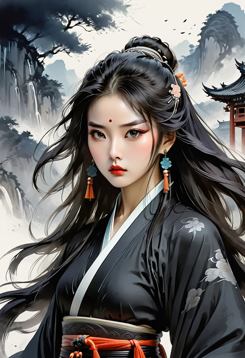 (masterpiece, best quality:1.2), 1 girl, solitary，QR Chart，amazing,Inspired by Guilin’s myths and legends, China:Liu Sanjie，A bust of A woman 白色的长发，black eyes, Peerless Beauty，A woman, A cloak over his head：1.37，Rotate the body，Holding a long sword，, Metal jewelry, Serious expression, attack, Lower your head, Hanfu, Black clothes, icy look in the eye, Loose hair, (Ink stains) Beautiful character painting, Clothing black and white ink style, Delicate skin tone, watercolor, Soft, Martial Arts Styles, Ethnic style, Beautiful face, belt, Sharp eyesight，Dark Theme，The ferocious beast behind，（Body Movements，whole body，Correct human anatomy）