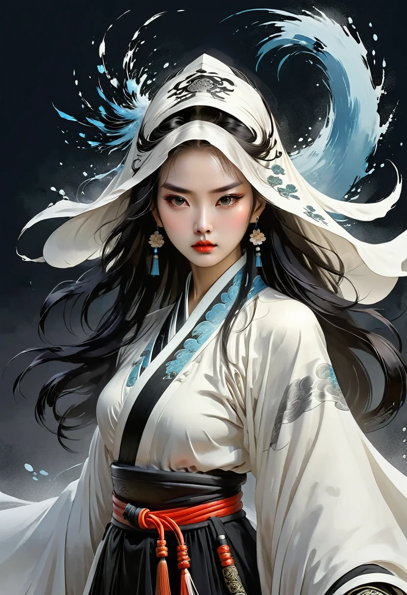 (masterpiece, best quality:1.2), 1 girl, solitary，QR Chart，amazing,Inspired by Guilin’s myths and legends, China:Liu Sanjie，A bust of A woman 白色的长发，black eyes, Peerless Beauty，A woman, A cloak over his head：1.37，Rotate the body，Holding a long sword，, Metal jewelry, Serious expression, attack, Lower your head, Hanfu, Black clothes, icy look in the eye, Loose hair, (Ink stains) Beautiful character painting, Clothing black and white ink style, Delicate skin tone, watercolor, Soft, Martial Arts Styles, Ethnic style, Beautiful face, belt, Sharp eyesight，Dark Theme，The ferocious beast behind，（Body Movements，whole body，Correct human anatomy）