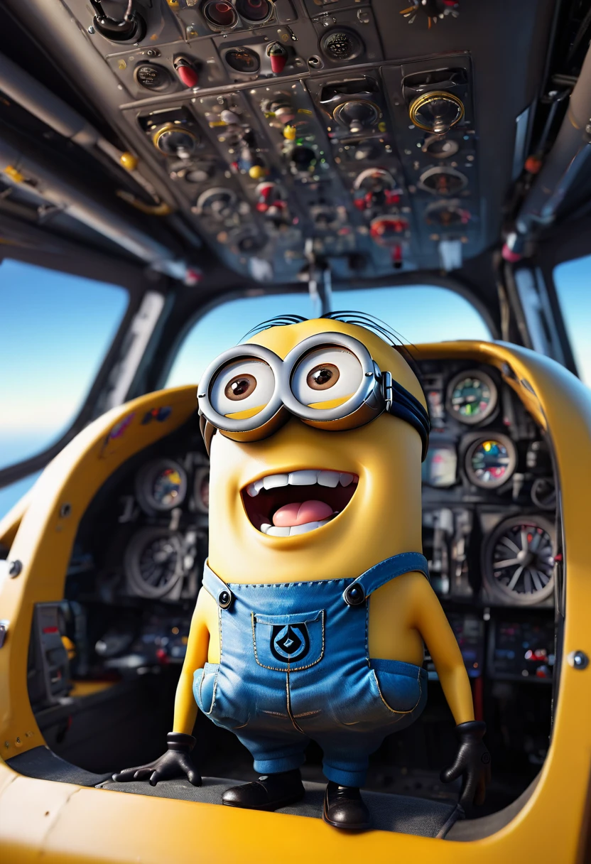 a laughing minion in the cockpit of an aircraft,vibrant colors,3d render,extremely detailed,ultra detailed,highly detailed,masterpiece,photorealistic,realistic lighting,studio lighting,8k,highres,sharp focus,cinematic lighting,vibrant colors,dynamic composition,beautiful detailed eyes,beautiful detailed lips,extremely detailed face,longeyelashes,cute,adorable,whimsical,playful,humorous,mischievous