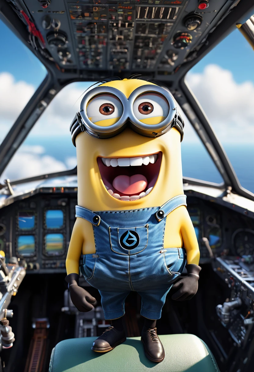 a laughing minion in the cockpit of an aircraft,vibrant colors,3d render,extremely detailed,ultra detailed,highly detailed,masterpiece,photorealistic,realistic lighting,studio lighting,8k,highres,sharp focus,cinematic lighting,vibrant colors,dynamic composition,beautiful detailed eyes,beautiful detailed lips,extremely detailed face,longeyelashes,cute,adorable,whimsical,playful,humorous,mischievous