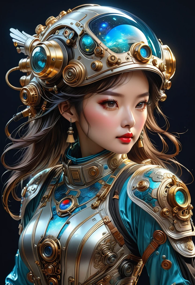 high quality detailed illustration, steampunk spacesuit, intricate glass helmet, intricate ornate chinese inspired spacesuit, complex traditional chinese design elements, high tech futuristic spacesuit, (best quality,4k,8k,highres,masterpiece:1.2),ultra-detailed,(realistic,photorealistic,photo-realistic:1.37),professional, vivid colors, studio lighting