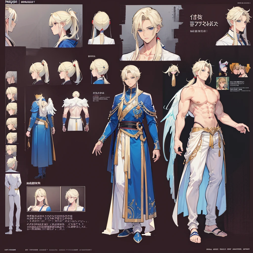 (Masterpiece, best quality), detailed, 1 man, ((character concept art)), ((character design sheet, same character, front, side, back)), full body, body complete, 1 Male angel, 1 Man angel, Detailed face, character design sheet，full bodyesbian, Highly detailed, character sheet, character design, Many parts, dark skin, angel wings, long ponytail blonde hair, angel outfit, muscle male god, male clothes, masculine, muscle man, male muscle, manly, male angel, Muscle male with long ponytail blonde hair，beautiful man, beautiful muscle man