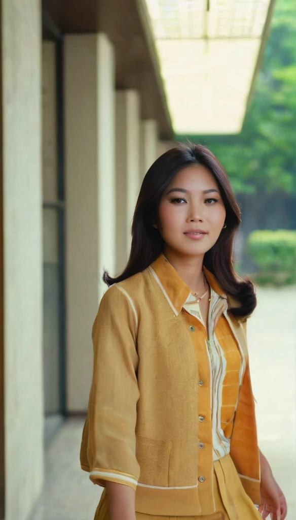 Photo of a beautiful asian woman in the 1970s, with her hair and clothing from the 1970s, the girl is walking at her campus corridor, the woman is looking straight at the camera with a lost look and a slight smile, full color with a cinematographic lighting, high definition professional photography style ,photorealistic