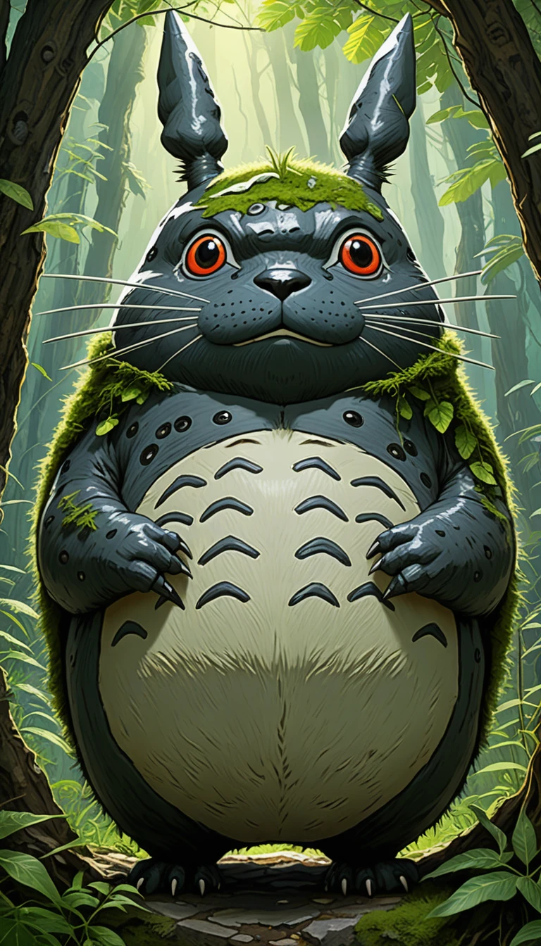 Portrait of a real Totoro, Surreal, Very fine fur, Sharp focus, Fine Lines, Fine art, Soft colors, In the sunlight, Detailed painting by Marc Ariane, art gelm, bastien lecouffe - deharme, Exoplanet colonization sites, A new frontier, Terraforming efforts, Pioneer spirit,