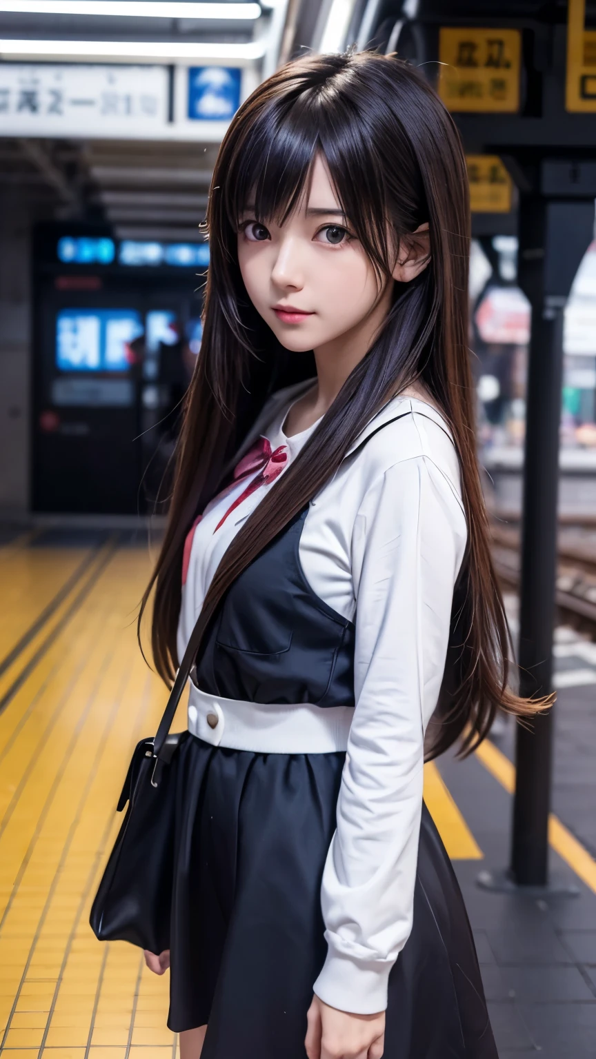 detailed face, cute face, Long haired anime girl walking on train platform, Kantai Collection Style, Railgun, konpeki no kantai, Kantai Collection Arcade, Kantai Collection, Makoto Shinkai style, Cute girl anime visuals, Makoto Shinkai&#39;s art style, Beautiful anime school girl, Anime Style 4k, Official artwork, shinkai makoto