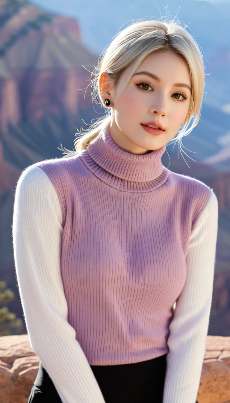 huge breast. excellent breast， masterpiece，ultra realistic，32k，extremely detailed CG unity 8k wallpaper， best quality， masterpiece，ultra realistic，32k，extremely detailed CG unity 8k wallpaper， best quality，(winter day )，lady ，necklace ，eardrop， Grand Canyon， United States， ( Orchid Pair a fitted turtleneck sweater with wide-leg pants and loafers. ) ， Ash blonde hair pigtails ,