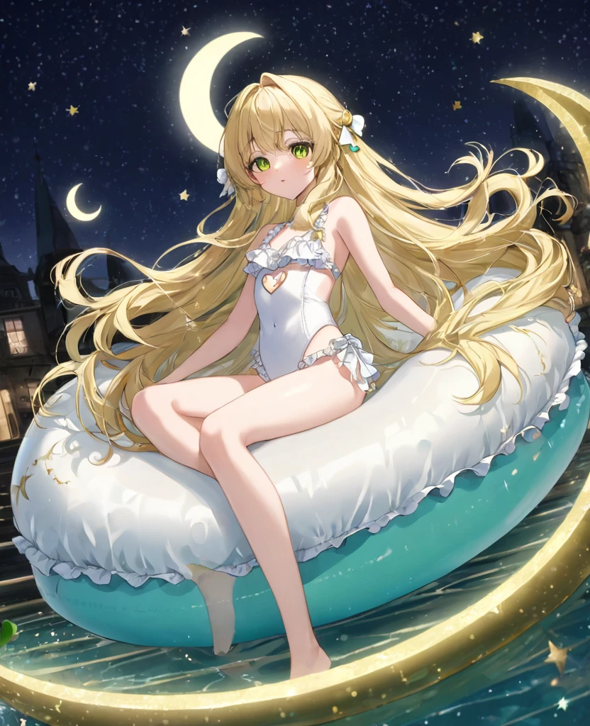 (masterpiece, best quality:1.2), (absurdres, highres, ultra-detailed), (perfect anatomy), 
Beautiful woman、Night Pool、Riding on a cute float、Blonde、Fluffy longhair、Yellow-green eyes、Background glitter、night、Crescent Moon、heart、White frilly swimsuit

(8K, RAW photo:1.2),detailed face and eyes,intricate detail ,masterpiece ,sharp focus, high quality,BREAK,rating: general, newest