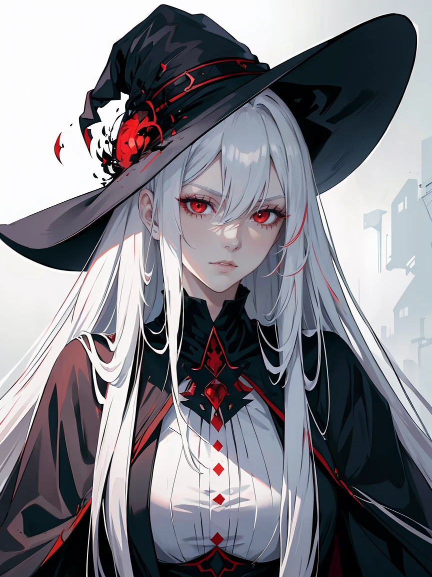 handsome woman，red-eyes，red pupils，Long white hair, grey skin, looks ill, Hyperresolution，accuracy，Detailed rendering，（Subtle facial image）（Image of fine hair）（topquality）（Masterpieces of masters）（High degree of completeness）（A sense of atmosphere）tmasterpiece，Super detailed and super detailed（half-body portrait), large witch hat, ankle length white straight hair, fierce look in her eyes,
