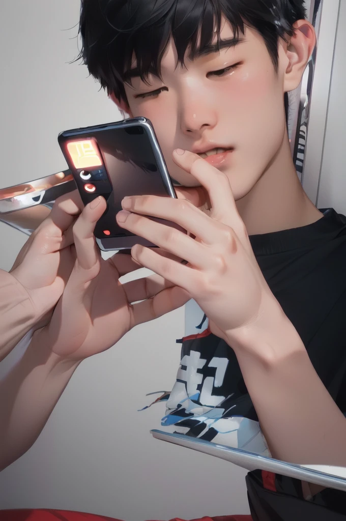 An 18-year-old Chinese boy takes a photo of the food in front of him with his mobile phone,