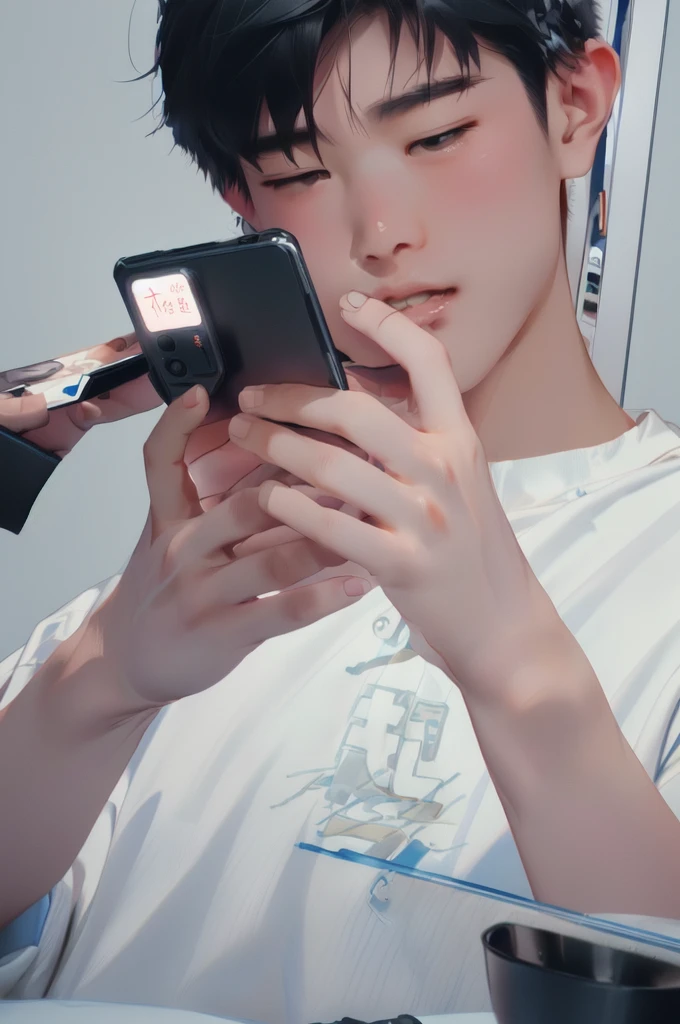 An 18-year-old Chinese boy takes a photo of the food in front of him with his mobile phone,