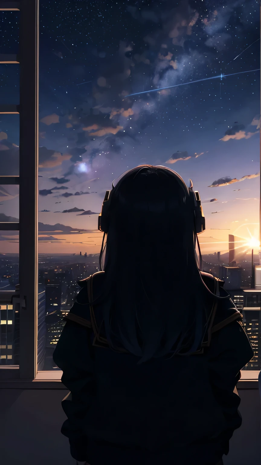 Octane，Sky Sky，star（Sky Sky），landscape，star空，night，One girl，night空，alone，Exterior，building，cloud，Galactic，Sit，Back Shadow，Long Hair，city，silhouette，view over city，Backlight