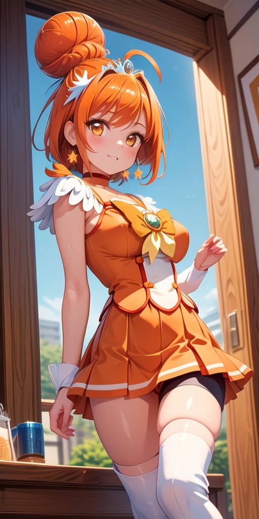 (masterpiece, best quality), 1girl,  sunny_a, orange eyes, orange hair, single bun hair, feather hair ornament, tiara, orange choker, cure sunny costume, orange shorts under skirt, orange shorts, boots