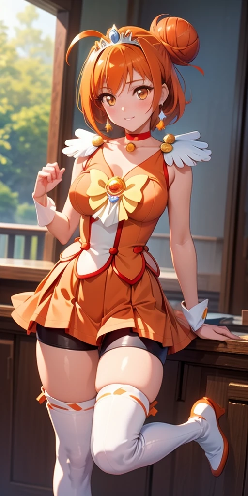 (masterpiece, best quality), 1girl,  sunny_a, orange eyes, orange hair, single bun hair, feather hair ornament, tiara, orange choker, cure sunny costume, orange shorts under skirt, orange shorts, boots