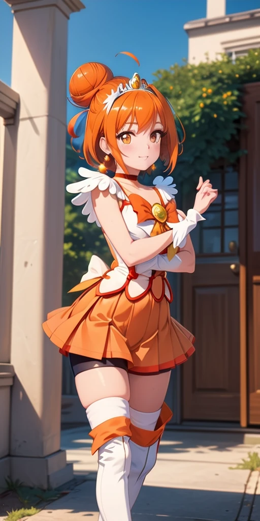 (masterpiece, best quality), 1girl,  sunny_a, orange eyes, orange hair, single bun hair, feather hair ornament, tiara, orange choker, cure sunny costume, orange shorts under skirt, orange shorts, boots