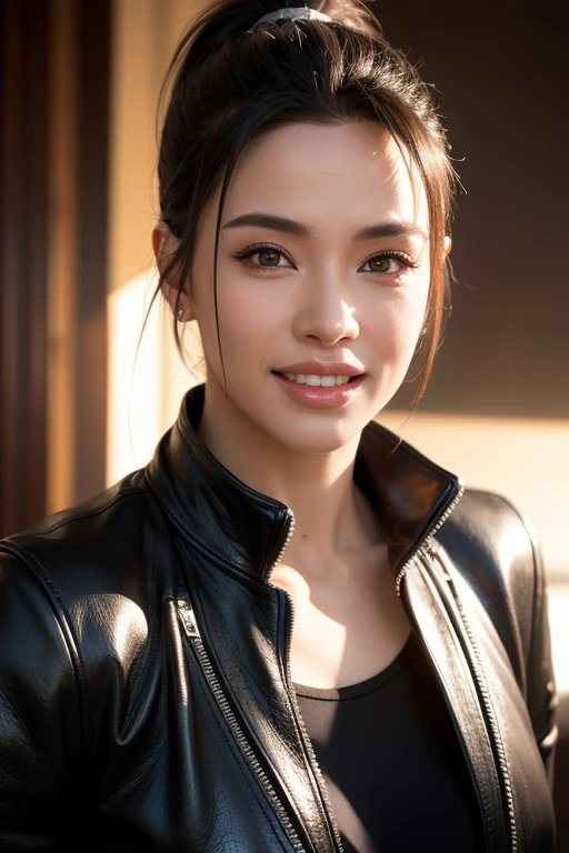 a gorgeous busty woman, ponytail, leather jacket, lady fighter, beautiful detailed smile, beautiful detailed teeth, POV, lover, cinematic dramatic lighting, (best quality,4k,8k,highres,masterpiece:1.2),ultra-detailed,(realistic,photorealistic,photo-realistic:1.37),HDR,UHD,studio lighting,ultra-fine painting,sharp focus,physically-based rendering,extreme detail description,professional,vivid colors,bokeh,portrait,photorealistic,cinematic