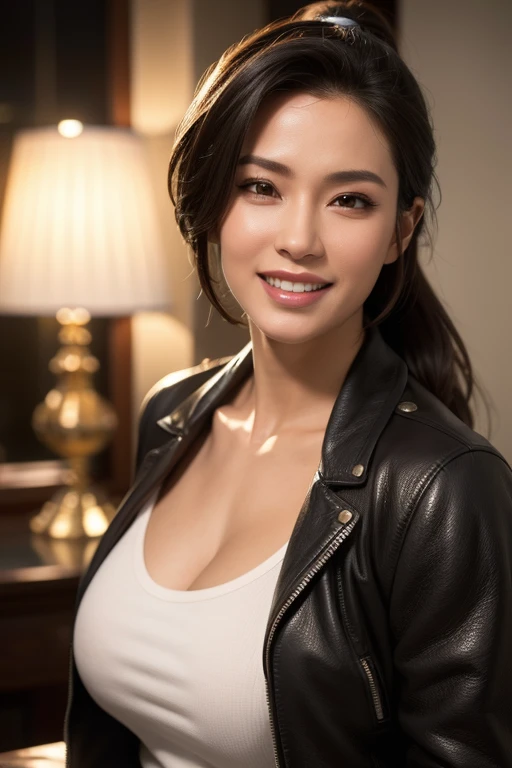 a gorgeous busty woman, ponytail, leather jacket, lady fighter, beautiful detailed smile, beautiful detailed teeth, POV, lover, cinematic dramatic lighting, (best quality,4k,8k,highres,masterpiece:1.2),ultra-detailed,(realistic,photorealistic,photo-realistic:1.37),HDR,UHD,studio lighting,ultra-fine painting,sharp focus,physically-based rendering,extreme detail description,professional,vivid colors,bokeh,portrait,photorealistic,cinematic