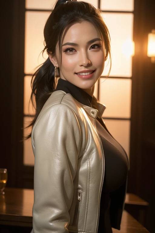 a gorgeous busty woman, ponytail, leather jacket, lady fighter, beautiful detailed smile, beautiful detailed teeth, POV, lover, cinematic dramatic lighting, (best quality,4k,8k,highres,masterpiece:1.2),ultra-detailed,(realistic,photorealistic,photo-realistic:1.37),HDR,UHD,studio lighting,ultra-fine painting,sharp focus,physically-based rendering,extreme detail description,professional,vivid colors,bokeh,portrait,photorealistic,cinematic