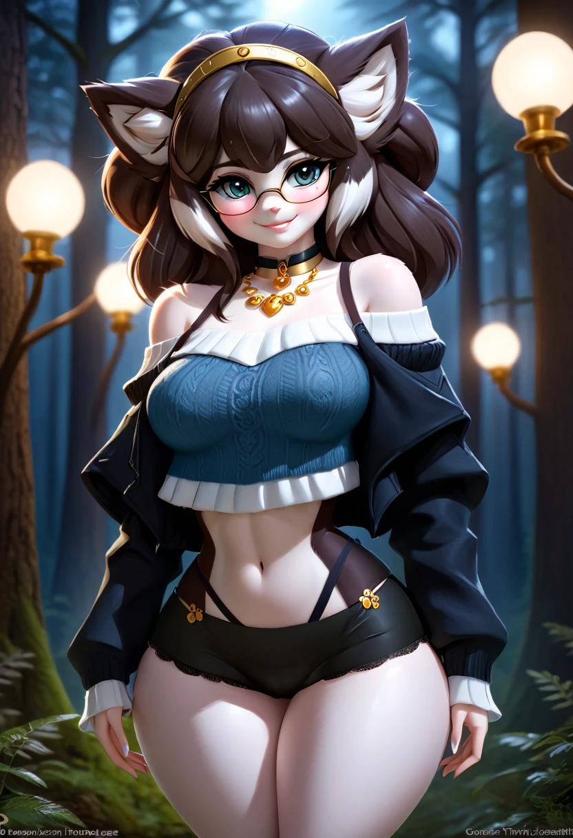 masterpiece, best quality, highly detailed, 1girl, solo, twintails, off-shoulder sweater, choker, large glasses, gold locket, jacket, hairband, looking at viewer, smile, blush, Wide Smile, Eyes Detailed & Wide, sexy Pose. Ultra HD, Rococo-Inspired Fantasy Art With Intricate Details. Cute, Charming Expression, Alluring-Gaze, looking at viewer Beautiful Eyes, An-Ideal-Figure. Large Youthful Well-Shaped-Breasts, Massive-Round-Bosom, Décolletage. slim waist, fit body, full lipsWarm lights , woman in a dreamy forest at night, with fluffy hair, delicate face, realistic, real, slim, large aperture, sexy shots, attractive poses,Stunnin gly beautiful merge of Scarlett Johanson. Alison Brie, Selena Gomez. symmetrical face, photorealistic, photography, path tracing, specular lighting, volumetric face light, path traced hairmaximum quality{(masutepiece) (8K High Resolution) (top-quality) In the style of breath of the wild.