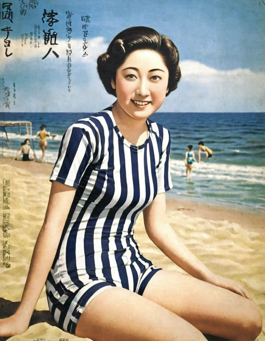 (((1920s Japanese poster)))),Sitting on the beach,Japanese woman,(Japanese pompadour:1.3),narrow eyes,Expressionless、Black and white horizontal striped short-sleeved swimsuit,Knee-length swimsuit,((she is round face))