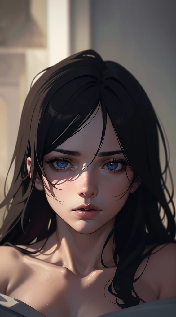 masterpiece, Highest quality, Perfect Face, Highest Resolution, Highest quality,Detailed depiction of the eyes, 8k, 1 girl, young, Black Hair, Long eyelashes, Downcast eyes, barefoot, Perfect Anatomy, ruins