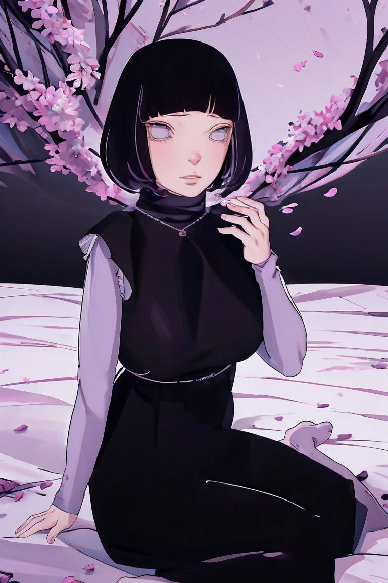 { - anatomy error} (Masterpiece - Ultra-detailed, very high resolution) (huge titusty, masterpiece, absurdres, hinata\(boruto\), 1girl, solo,mature female, lilac turtleneck blouse, black pant, looking at viewelling petals), perfect composition, detailed lips, big breast, beautiful face, body propotion, blush, (pink lips), short hair, (black hair), purple eyes, soft gaze, super realistic, detailed, photoshoot, realistic face and body, closed mouth , lilac eyes, full body, sitting on the floor , backwards, looking back, black boots, hidden hands, perfect fingers, inocent face