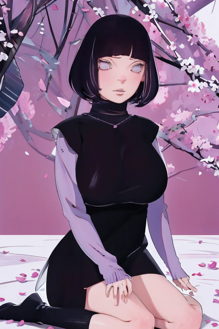 1girl, (((solo))), masterpiece, (high detail:1 1), Rough face, Natural skin, high quality, Hinata Hyuga,(((long wavy hair))), long detailed hair, white eyes,(Big breasts:1.2 ),( smile:1.2),Face blush, (arm behind head:1.5),Sexy figure, perfect bodies, beautiful eyes, (Detailed face and eyes), (face: 1 2), voices, Extra, real photo, ... ... ........... PSD, sharp focus, contrast lighting, Delicate skin, High definition 8K, incredible details, realistic, professional photo shooting, 8K UHD, SLR camera, soft lighting , high high quality, film grain, Fujifilm XT3, magic, particle FX, (((she wears tight body suit, long sleeves, black boots, knee protectors, arm protectors))), (looking at viewer), beautiful smile, (((show cameltoe))), nipples, (((in the forest, cherry blossom petals))), (((clothes on))), (((standing full body))), ((snow)), (((very tight leggings))), ((((she wears knee protectors))))